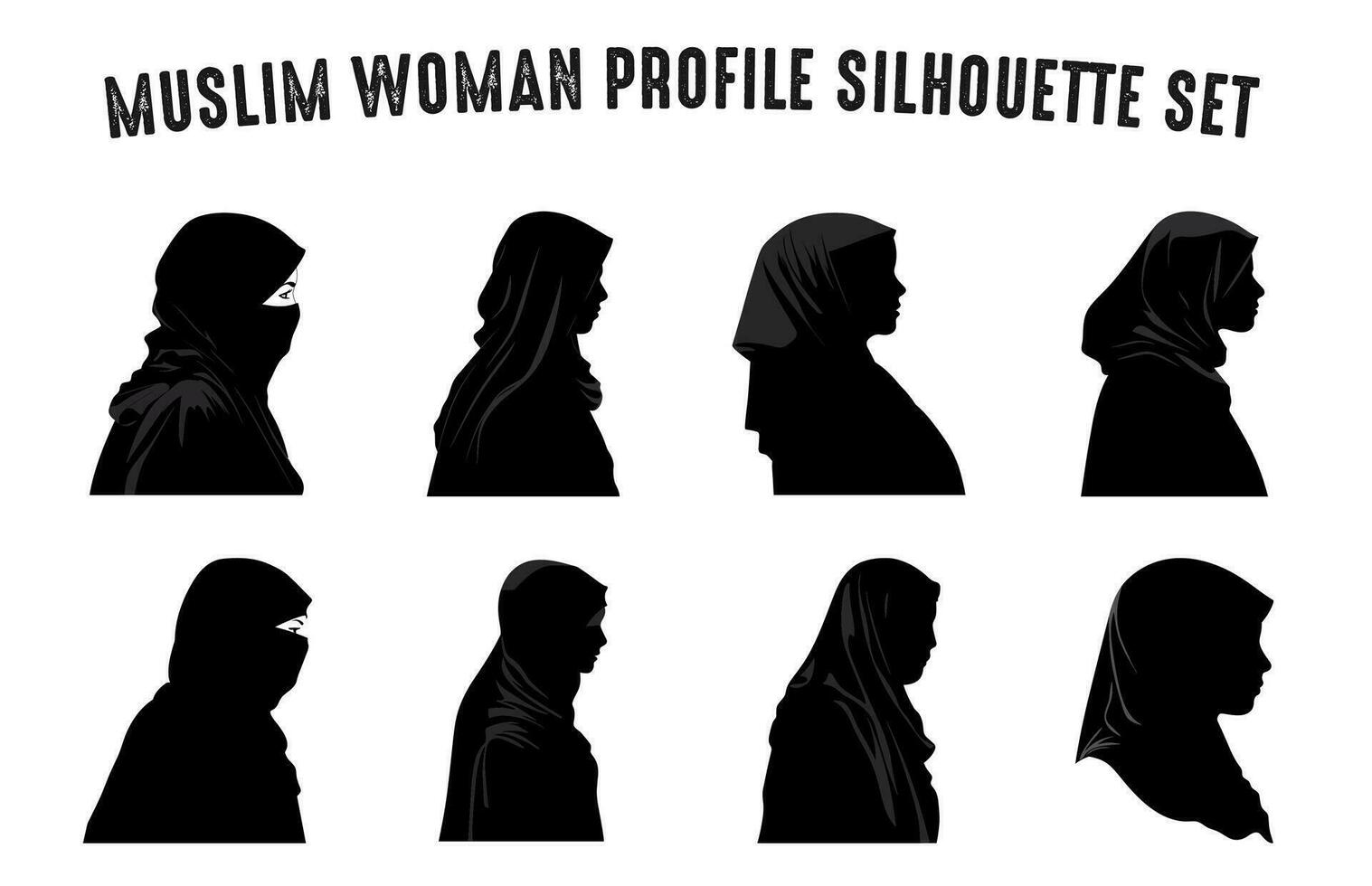 uppsättning av muslim kvinna i hijab silhuett vektor, muslim kvinna ansikte profil svart silhuetter vektor