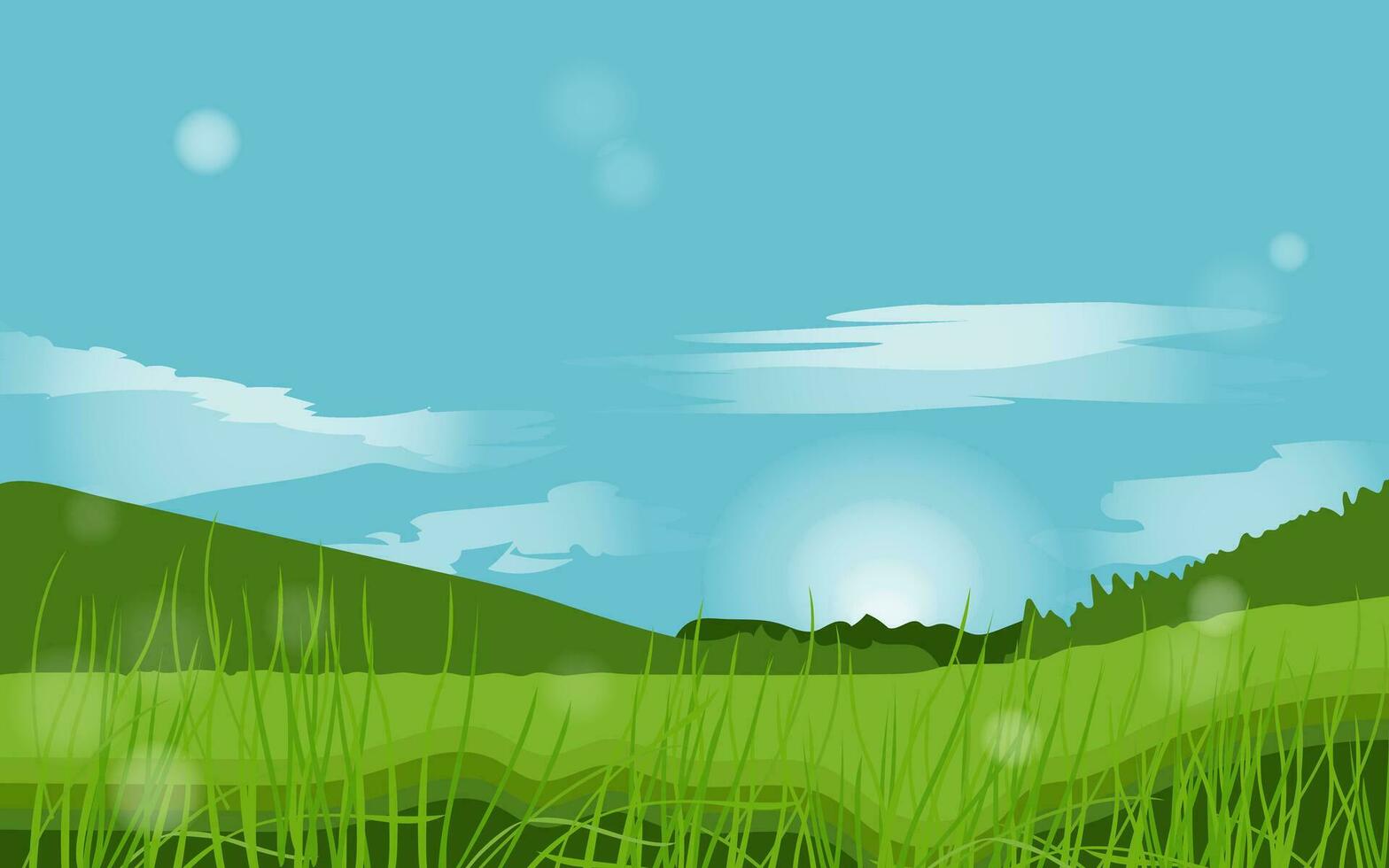 Sommer- Wiese Feld.Natur Landschaft zum Tapeten oder Panorama Aussicht auf Wiese, Wiese oder Lichtung Horizont Szene mit Himmel und Sonne, Gras und Bäume, Wolken. Vektor Illustration
