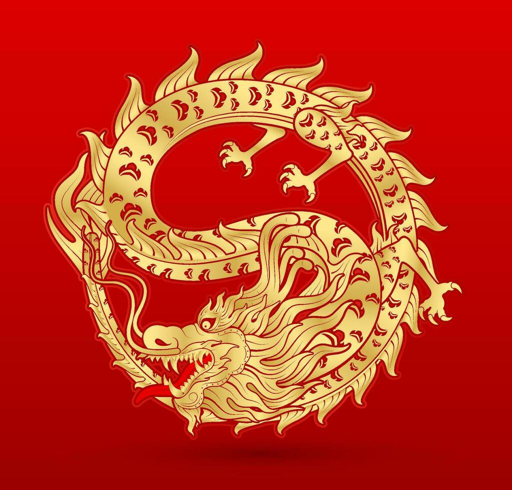 traditionell Chinesisch Drachen Gold Tierkreis Zeichen isoliert auf rot Hintergrund zum Karte Design drucken Medien oder Festival. China Mond- Kalender Tier glücklich Neu Jahr. Vektor Illustration.