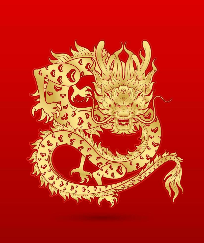 traditionell Chinesisch Drachen Gold Tierkreis Zeichen isoliert auf rot Hintergrund zum Karte Design drucken Medien oder Festival. China Mond- Kalender Tier glücklich Neu Jahr. Vektor Illustration.