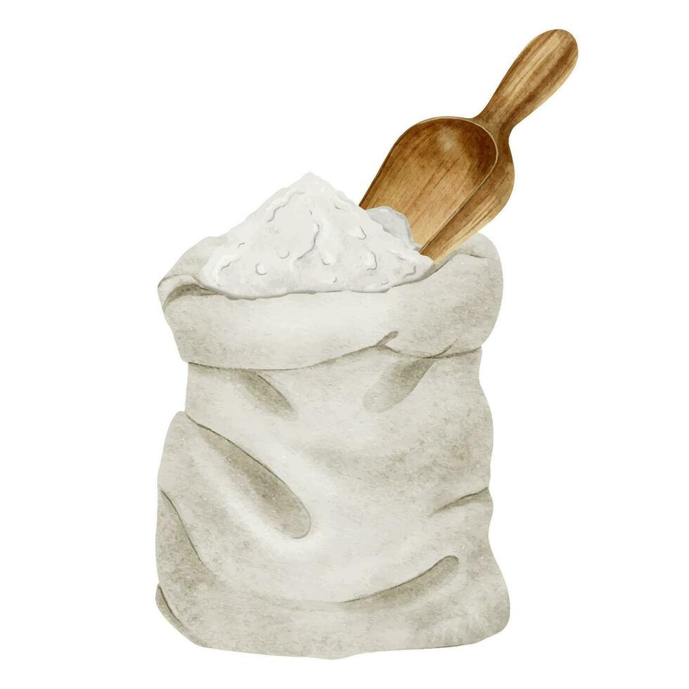 Mehl im ein Segeltuch Tasche mit ein hölzern Scoop. Aquarell Illustration. isoliert. Backen Zutaten. Bäckerei. kulinarisch Clip Art zum Essen Blogs, Design von Etiketten und Verpackung von Waren, Karten vektor