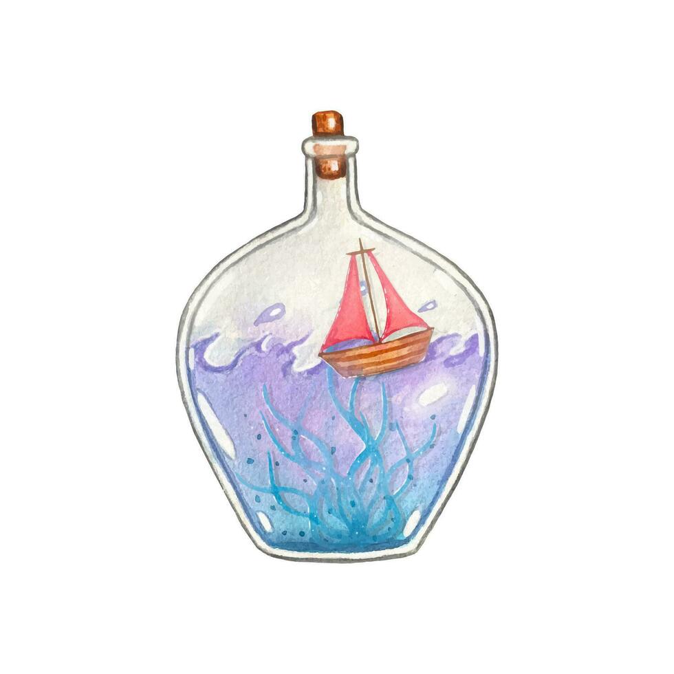 Hand gezeichnet Aquarell Flasche mit Wasser und ein Schiff Innerhalb vektor