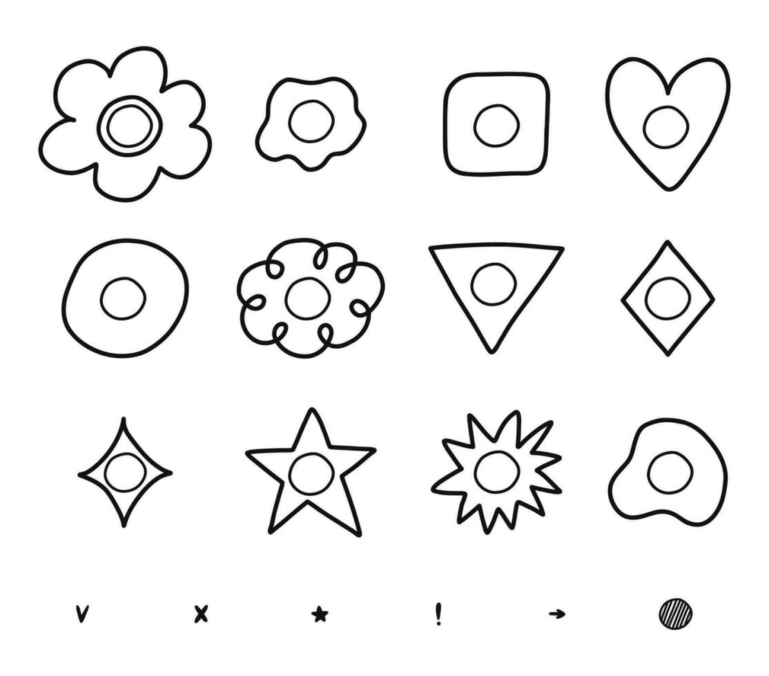 söt hand dragen uppsättning med tömma kryssrutor med kolla upp och korsa märken. kryssrutor i form av blomma, stjärna, hjärta, cirkel, moln. v, x, ja, Nej, ok, pil, utrop punkt, stjärna tecken kula tidning. vektor