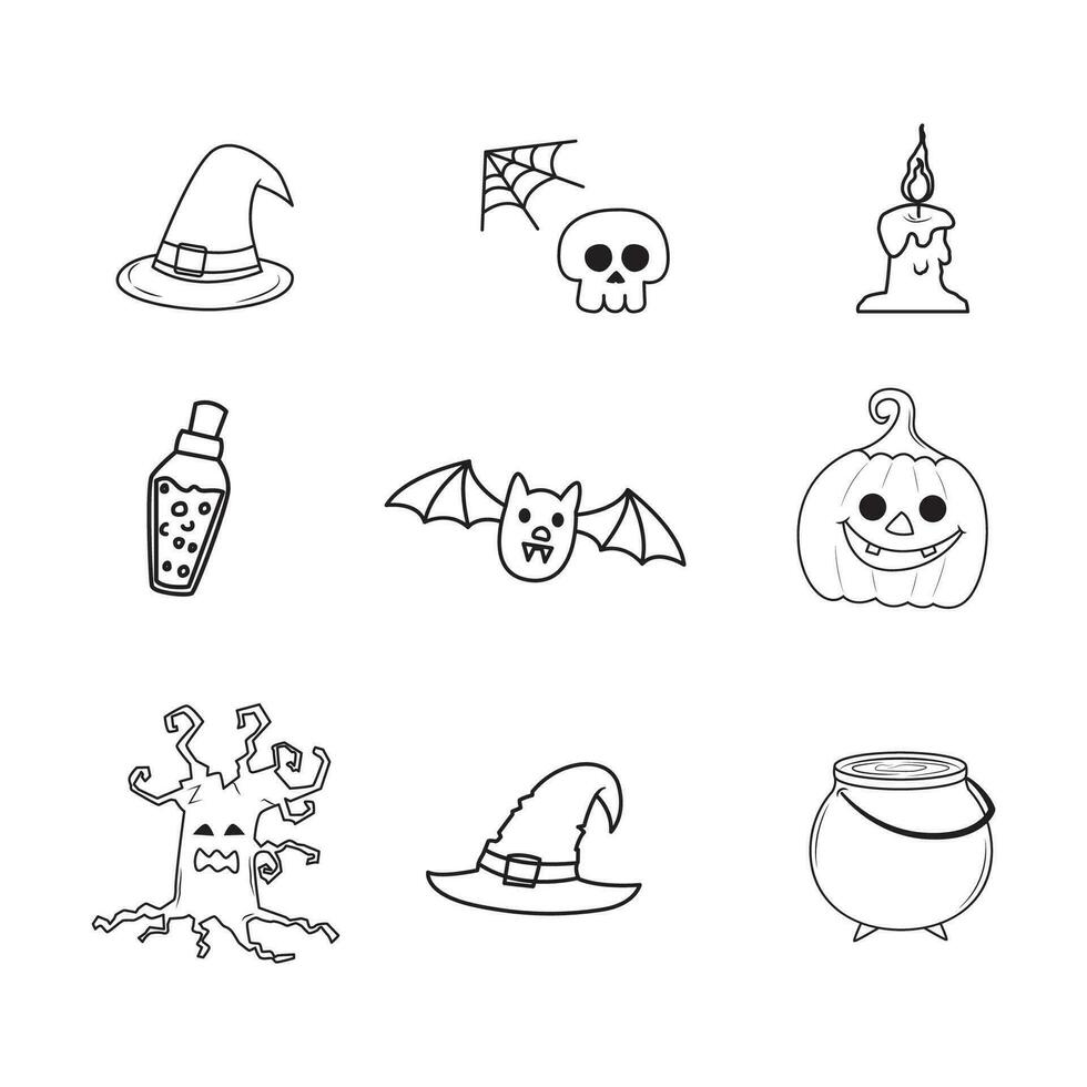 halloween element dekoration uppsättning. översikt illustration svart och vit. vektor