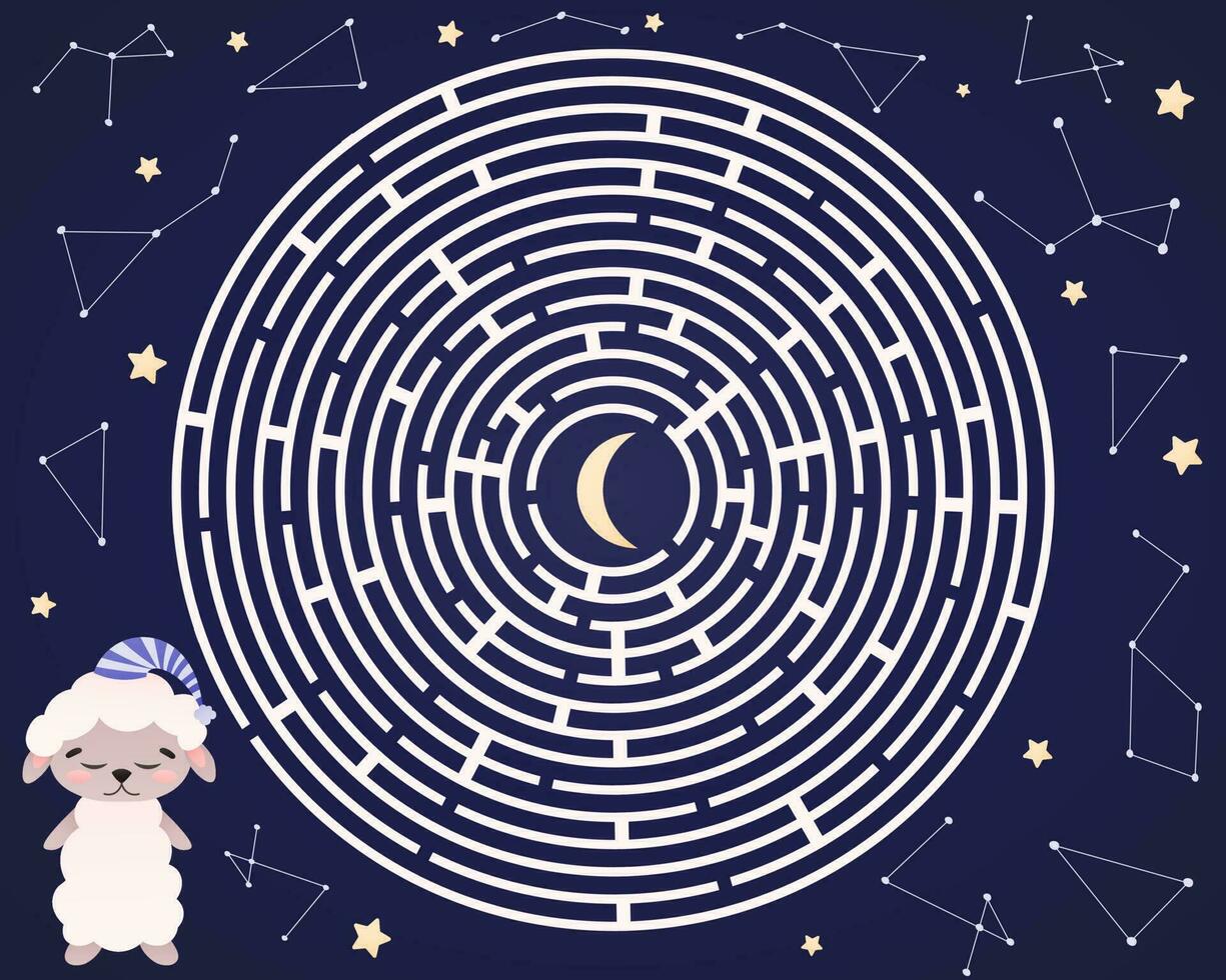 kindisch Labyrinth Spiel, Hilfe wenig müde Schaf finden Weg zu Mond, Schlafen Konzept und Kreis Matze zum Kinder- Bücher vektor