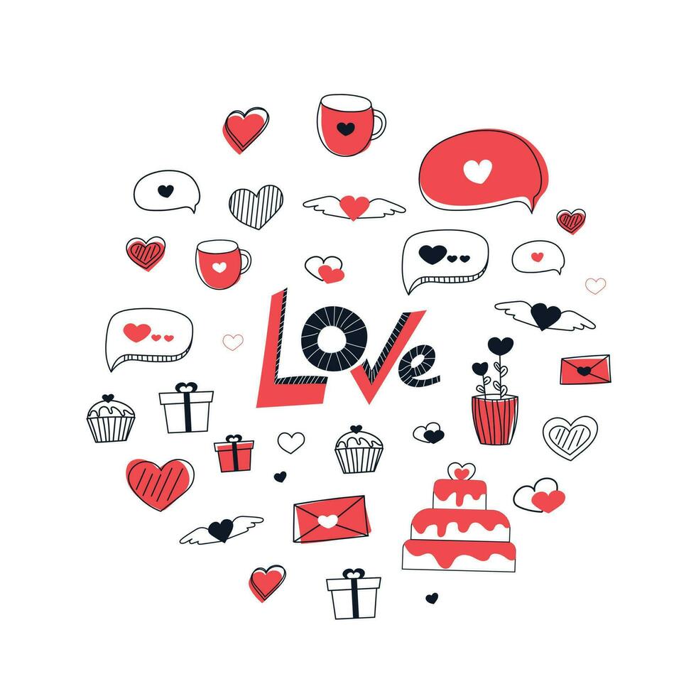 kärlek du text med svart och röd klotter ikoner för valentine dag hälsning kort eller textil, mariage uppsättning - kaka, cupcakes, hjärtan, meddelanden, presenterar, blommor vektor