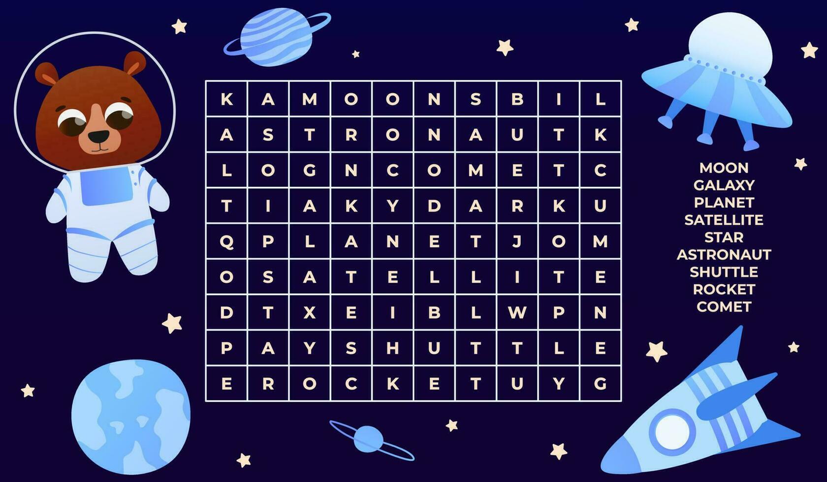 Galaxis Puzzle zum Kinder, Wort suchen Spiel zum Kinder Bücher oder lehrreich Arbeitsblätter mit süß Astronaut vektor