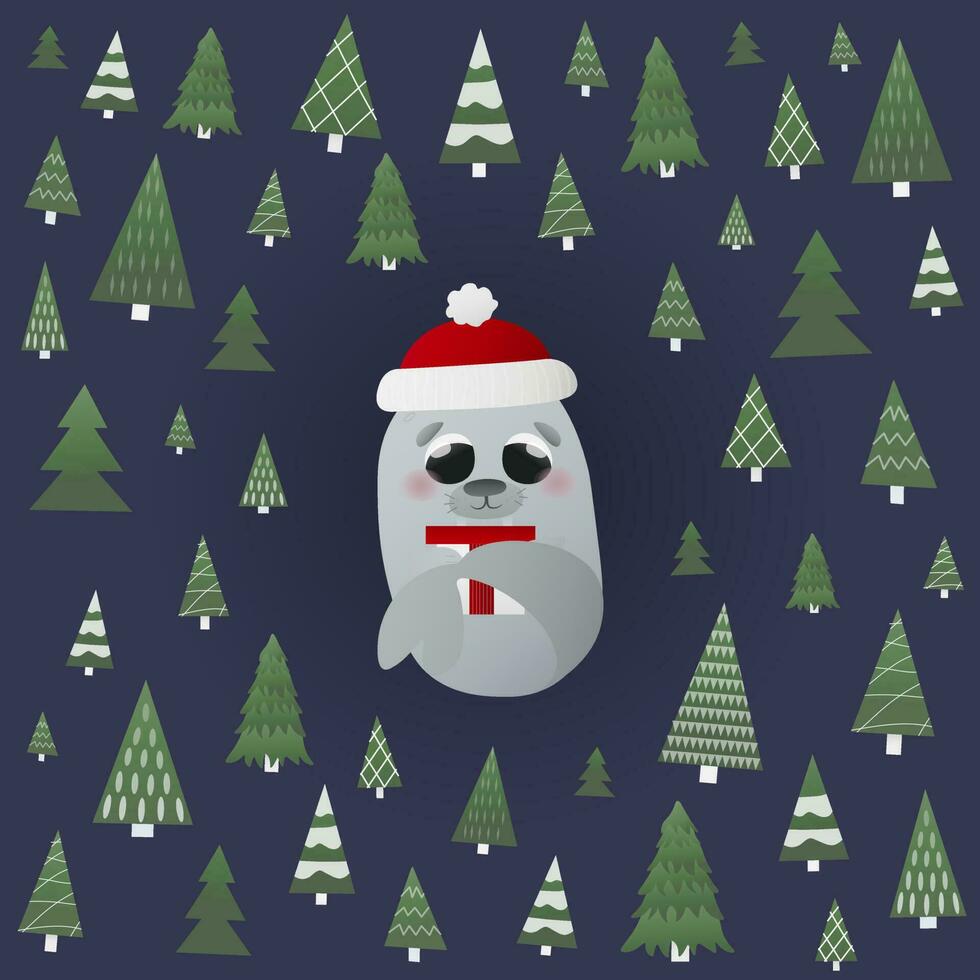 wenig kindisch Walross Charakter halten Geschenk Standort um anders Weihnachten Bäume, Winter Urlaub Attribute, Gruß Karte zum Kinder vektor