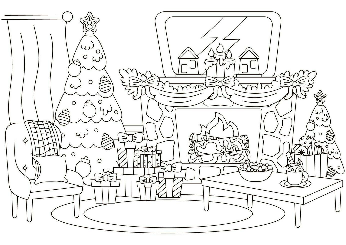 Weihnachten Innen- Innere von Leben Zimmer mit Weihnachten Baum, Tabelle und Kamin vektor