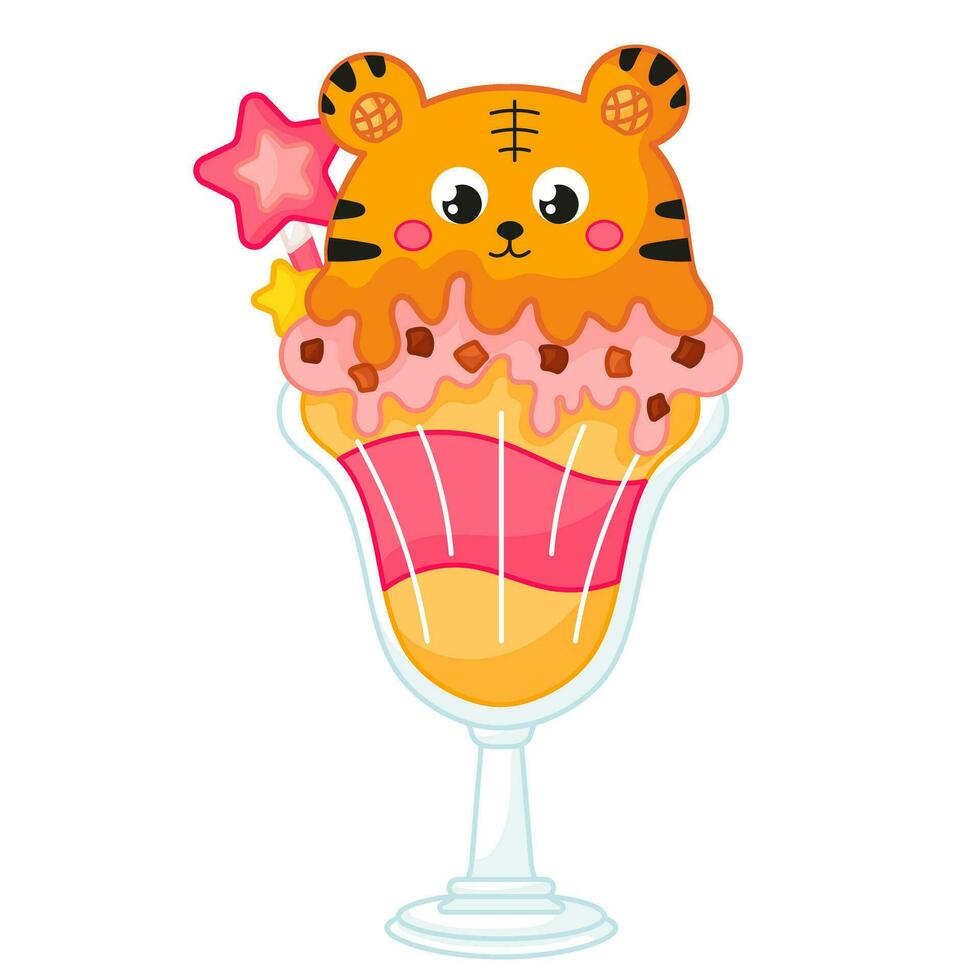 lecker kawaii Tiger geformt Eis Sahne im Glas mit Schokolade Kartoffelchips und Sterne Karikatur zum Sommer- vektor