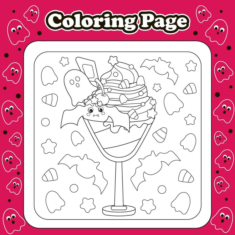 Halloween Süßigkeiten thematisch Färbung Seite zum Kinder mit kawaii Geist und Schläger Charakter geformt Eis Sahne vektor