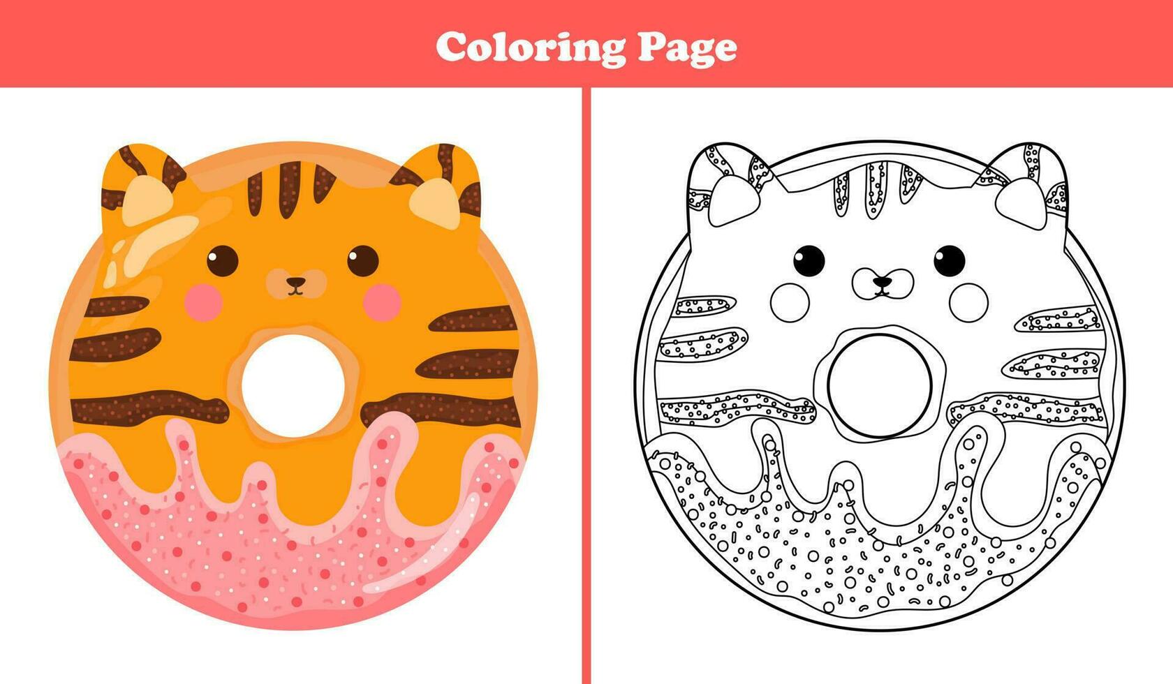 tryckbar färg sida för barn med ljuv tiger eller röd katt form munk med glasyr och choklad i tecknad serie stil, spel för barn böcker vektor
