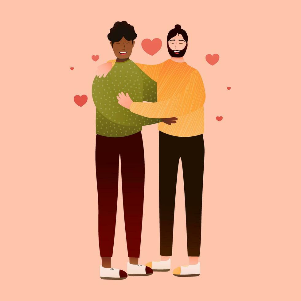 män omfamnar, kärlek romantisk begrepp för valentines dag, hjärtan. HBTQ par, homosexuell par kramar, Gay familj, relation i tecknad serie stil på rosa bakgrund vektor