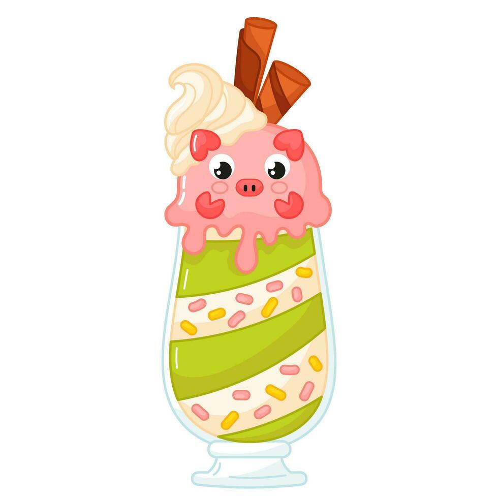 lecker kawaii Schwein geformt Eis Sahne im Glas mit Süßigkeiten und Sahne Karikatur zum Sommer- vektor