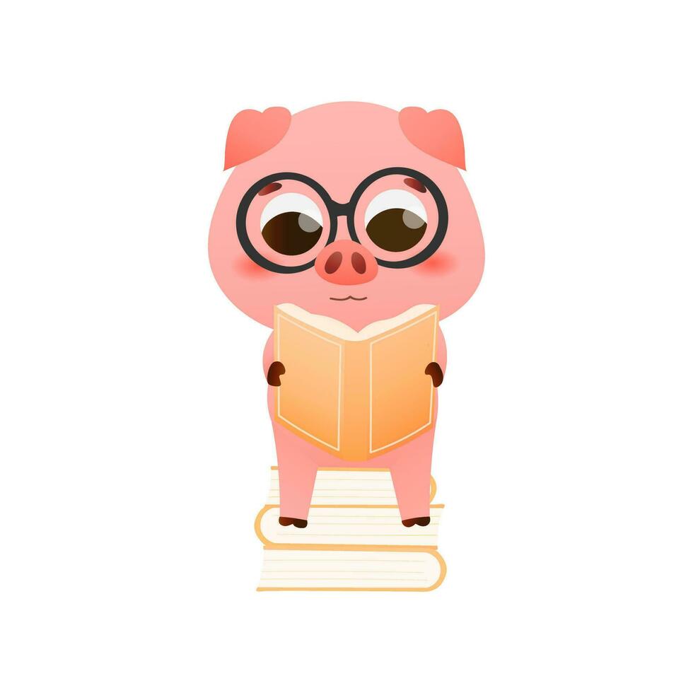 kindisch Tier Charakter mit Brille lesen Buch während Sitzung auf Bücher, süß Schwein im Karikatur Stil vorbereiten zum Prüfung oder studieren vektor