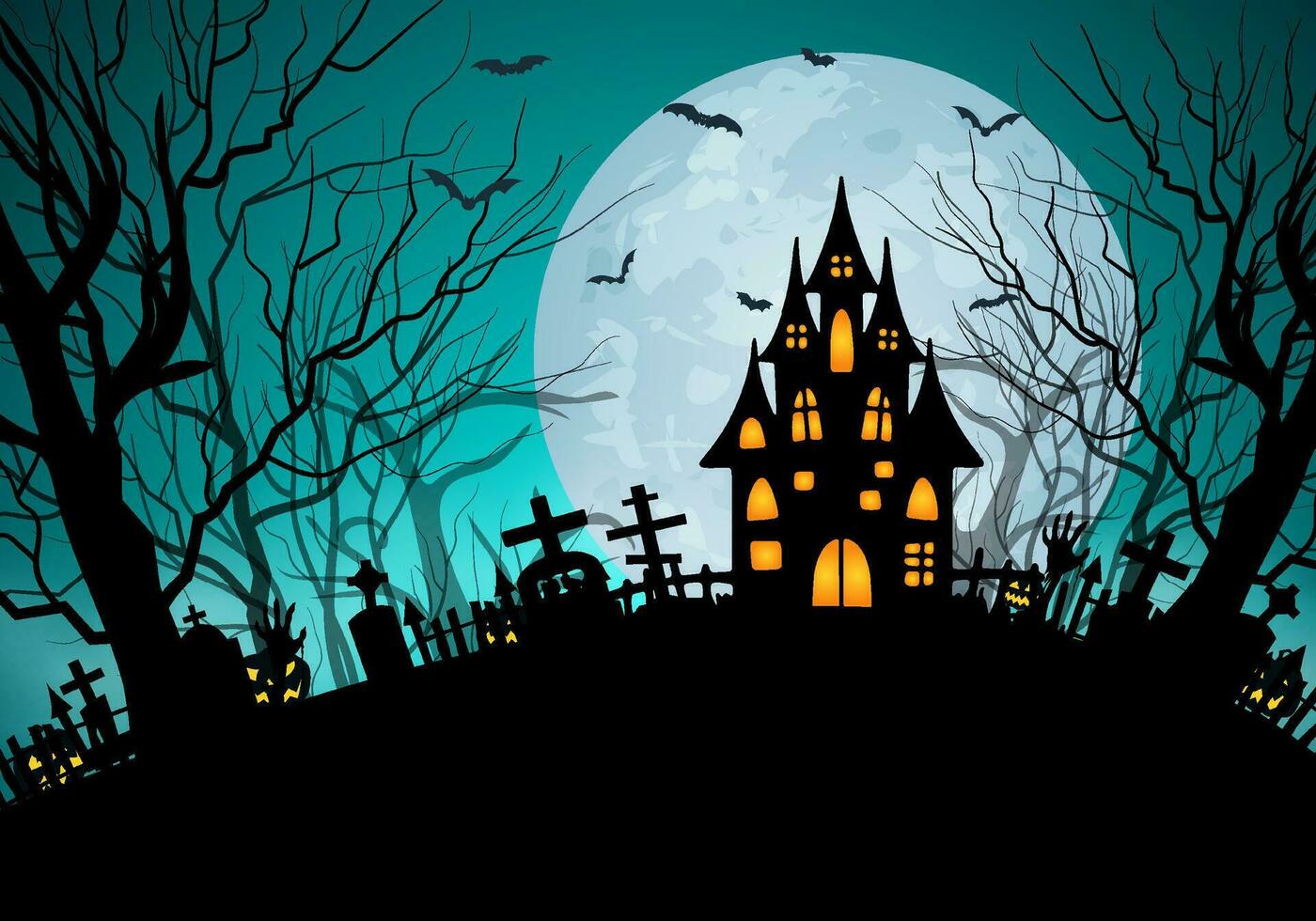 glücklich Halloween Banner Hintergrund mit Friedhof gejagt Schloss fliegend Fledermäuse tot Bäume und voll glühend Mond vektor