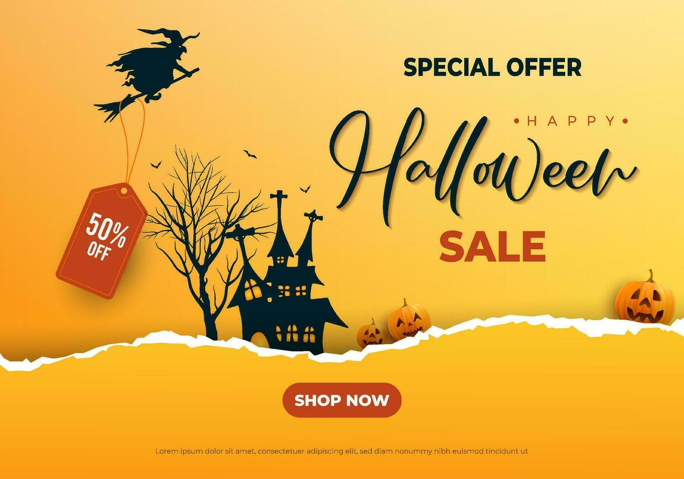 glücklich Halloween zerrissen Papier bewirken Verkauf Banner Hintergrund mit verfolgt Schloss Kürbisse und fliegend Hexe. Verkauf Etikette vektor