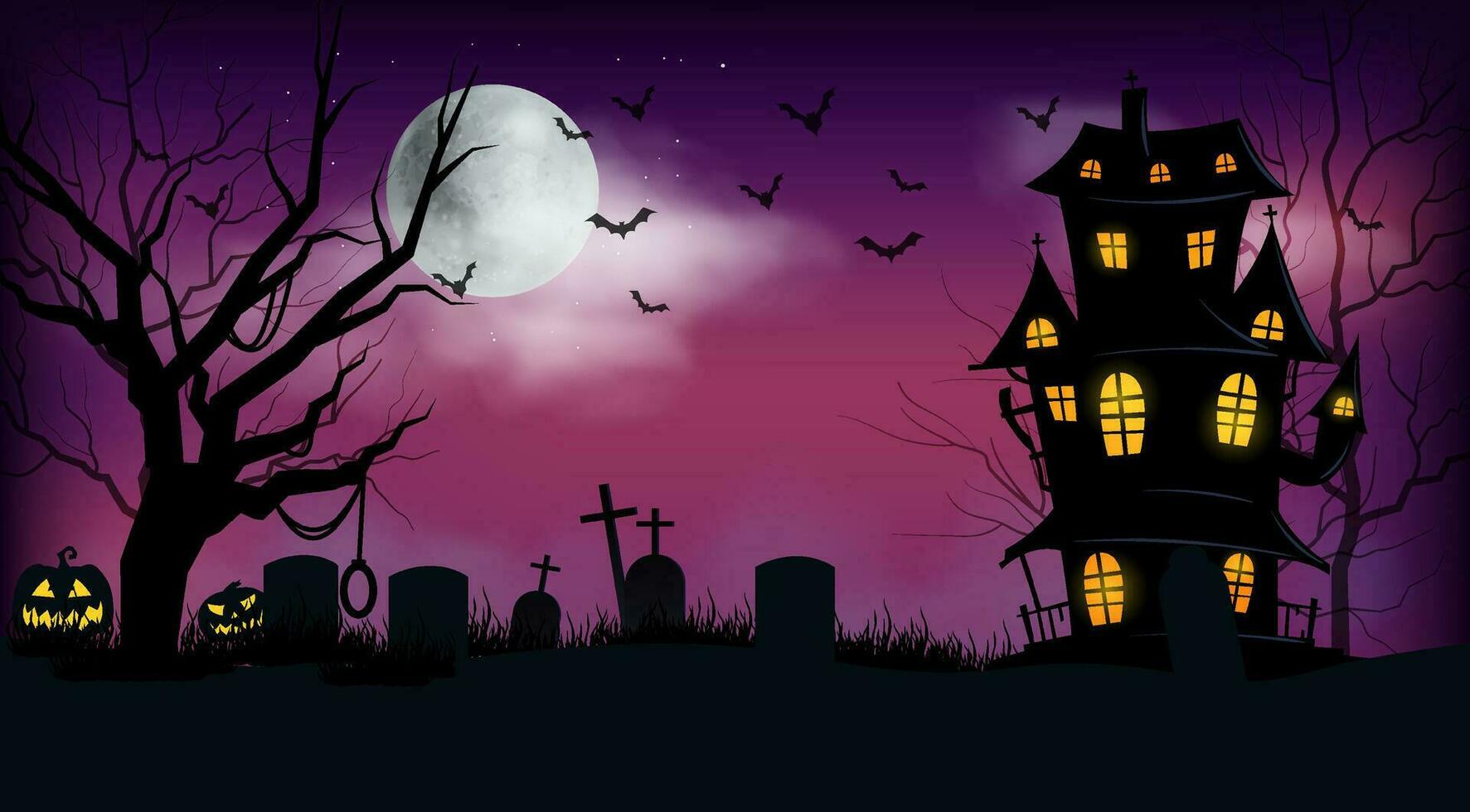 Lycklig halloween baner eller fest inbjudan bakgrund med läskigt violett himmel träd och mörk slott vektor