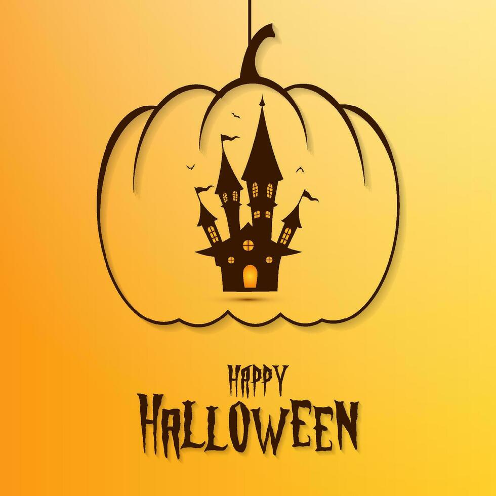 glücklich Halloween Karte Hintergrund Illustration mit groß Kürbis Gliederung verfolgt Haus und Halloween Text vektor
