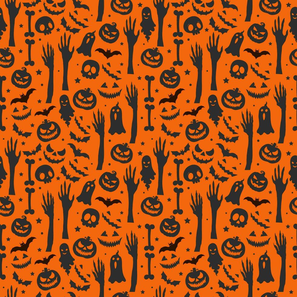 glücklich Halloween nahtlos Muster Hintergrund Design mit Kürbisse fliegend Fledermäuse unheimlich Gesicht Geist und Schädel vektor