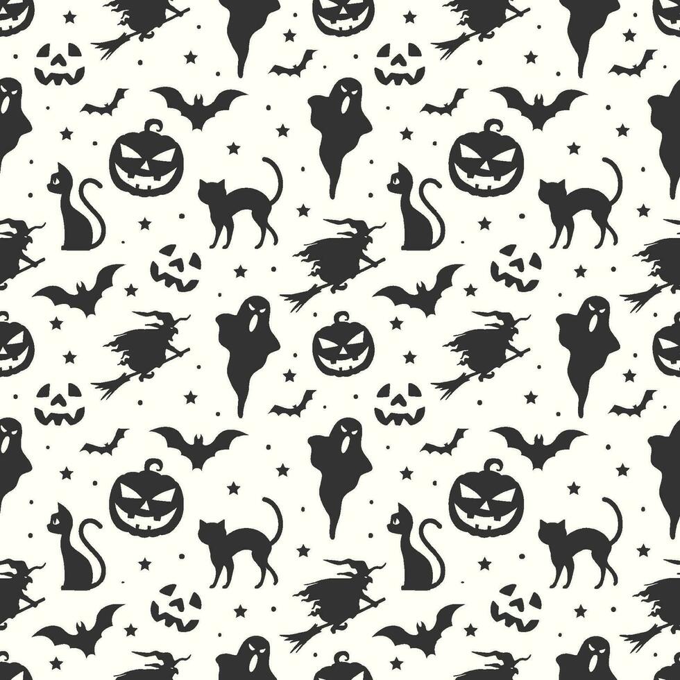 Halloween eben nahtlos Muster Hintergrund mit Halloween Elemente mögen Geister Katzen Kürbisse und Hexe vektor
