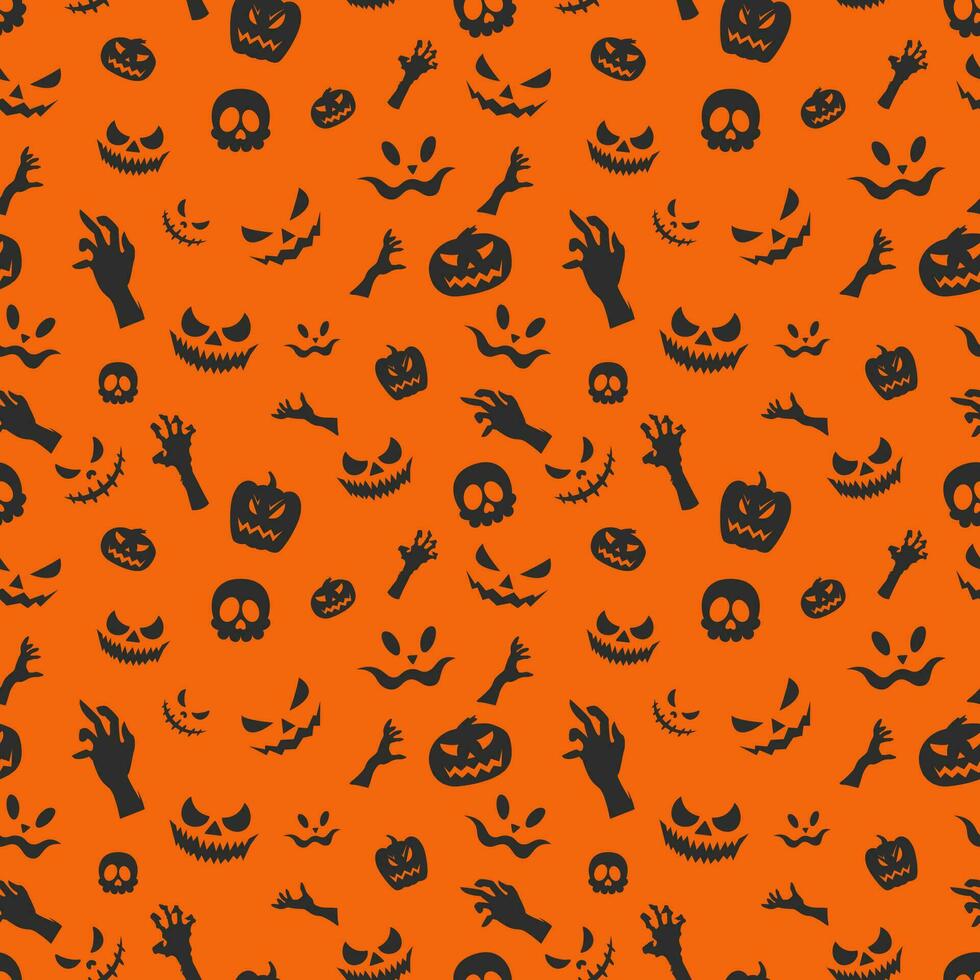 Halloween Muster mit Orange süß Kürbisse fliegend Fledermäuse Kompetenzen und unheimlich Gesichter isoliert auf schwarz Hintergrund vektor