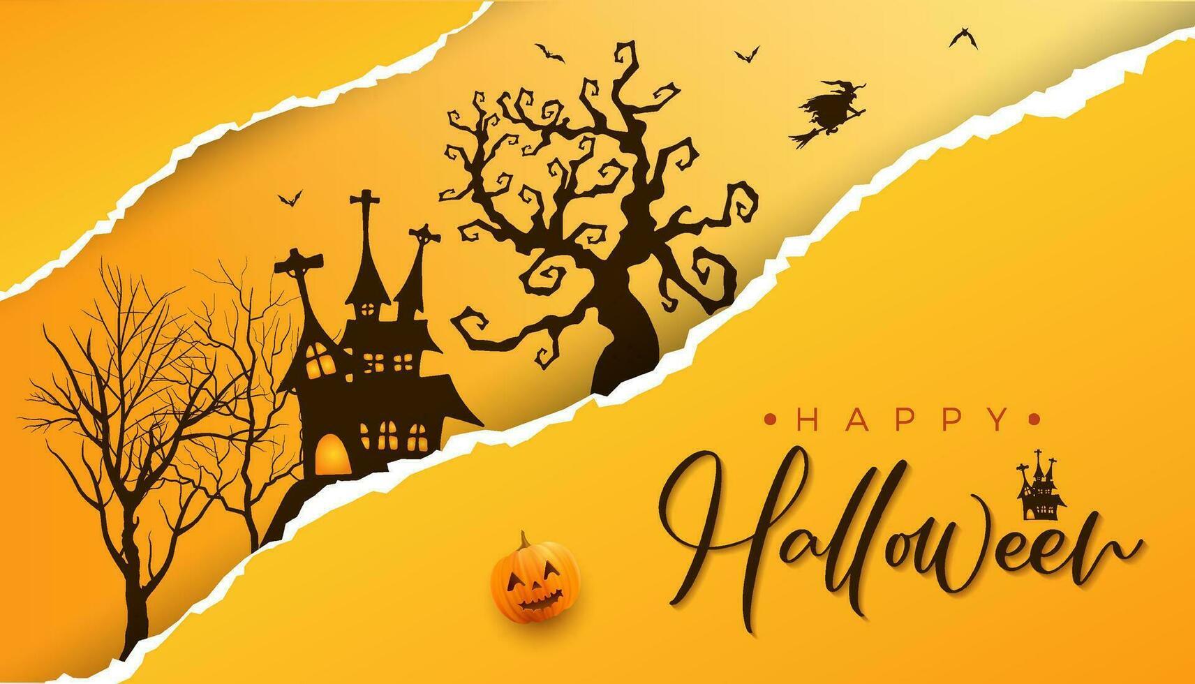glücklich Halloween zerrissen Papier bewirken Hintergrund mit gruselig tot Baum und Halloween Haus und Halloween Text vektor