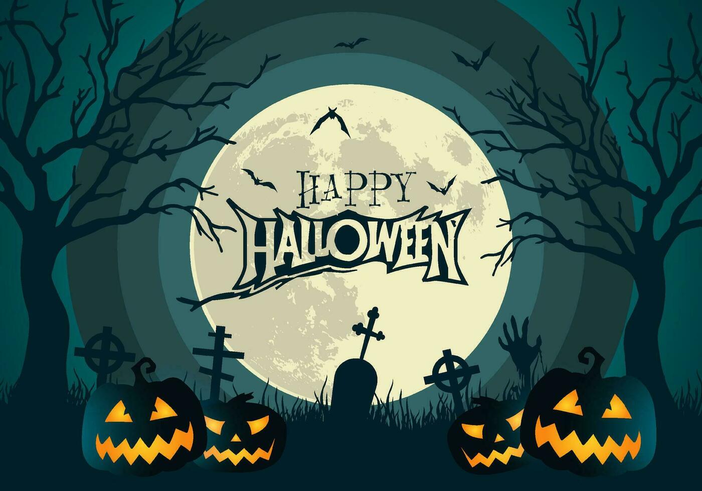 glücklich Halloween Banner oder Party Einladung Hintergrund mit glühend Kürbisse voll Mond und Halloween Text vektor