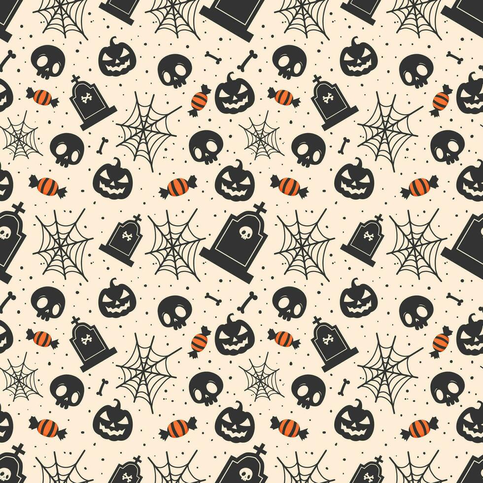 Halloween schwarz und Weiß Muster Hintergrund mit Spinnennetze Grabsteine und Halloween Süßigkeiten vektor