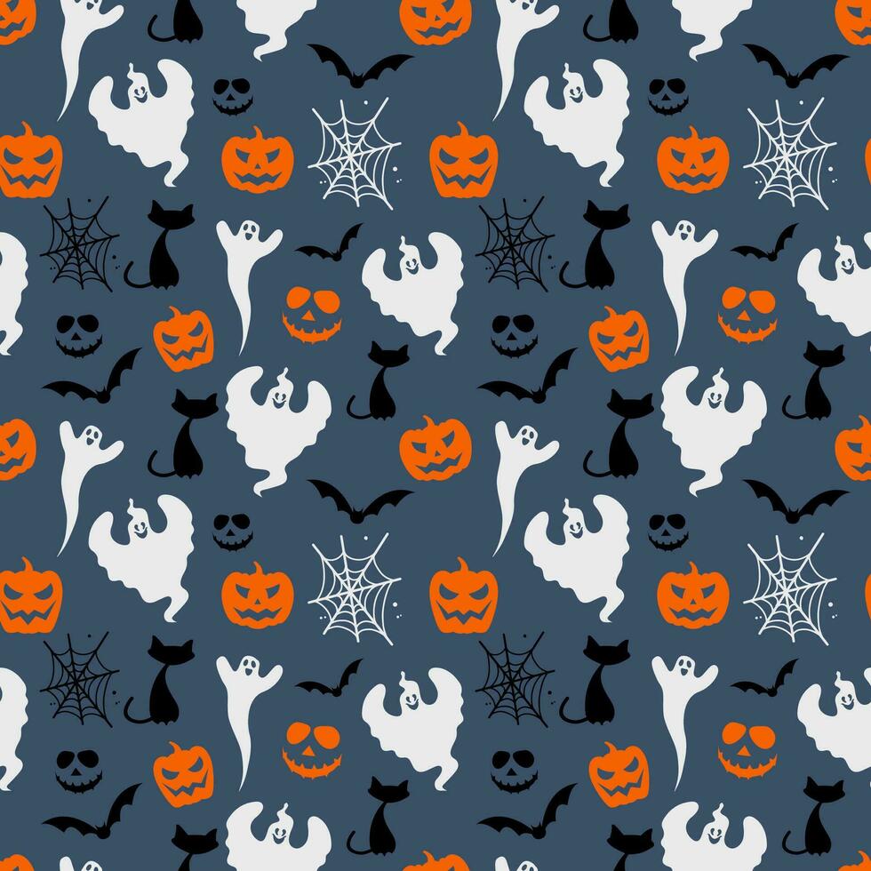 Halloween nahtlos Muster Hintergrund Illustration mit Geister Katzen Fledermäuse Kürbisse und Spinnennetze vektor