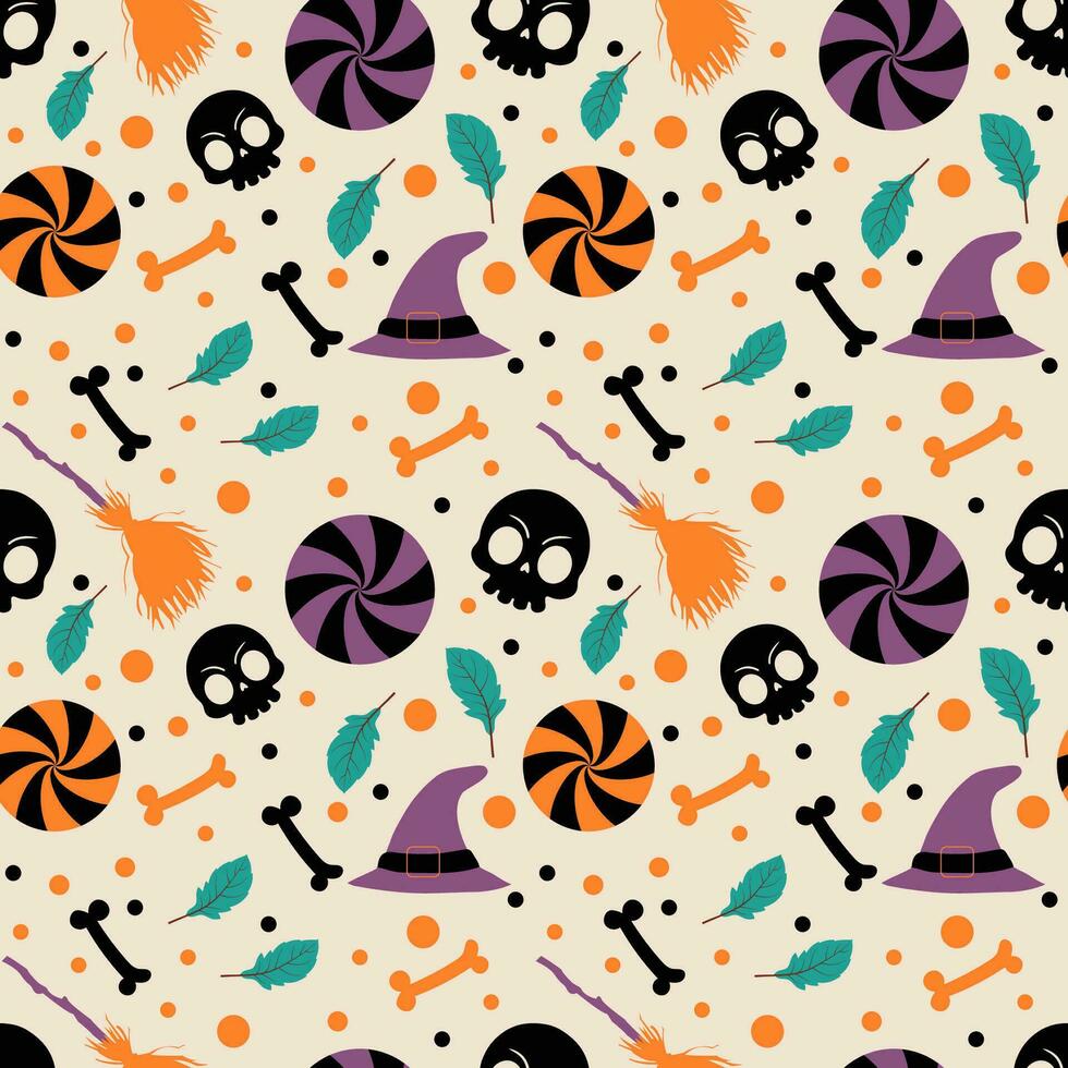 Halloween nahtlos Muster mit Halloween Schädel Hexe Hut und Süßigkeiten vektor