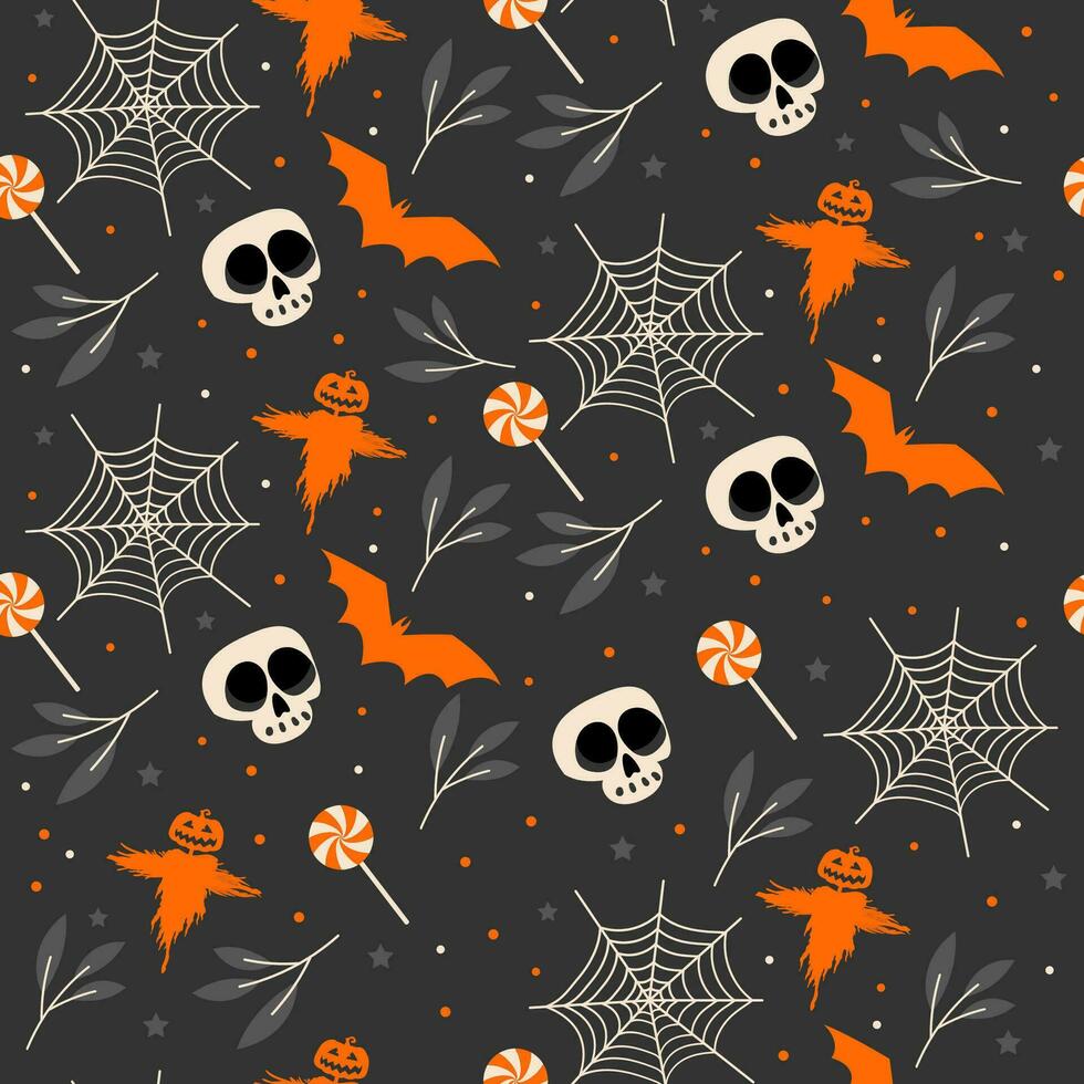 dunkel Halloween nahtlos Muster mit Vogelscheuche und Spinne Netz vektor