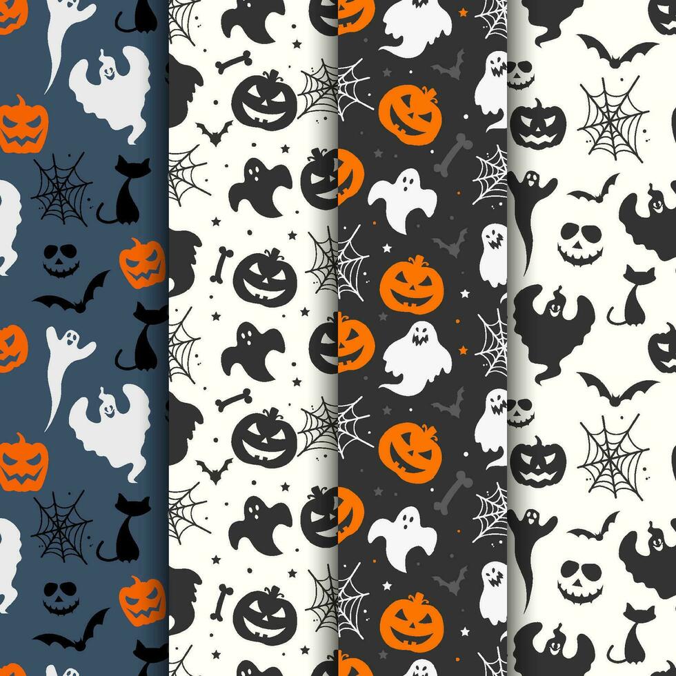Halloween nahtlos Muster Hintergrund Sammlung Illustration mit Geister Katzen Fledermäuse Kürbisse und Spinnennetze vektor