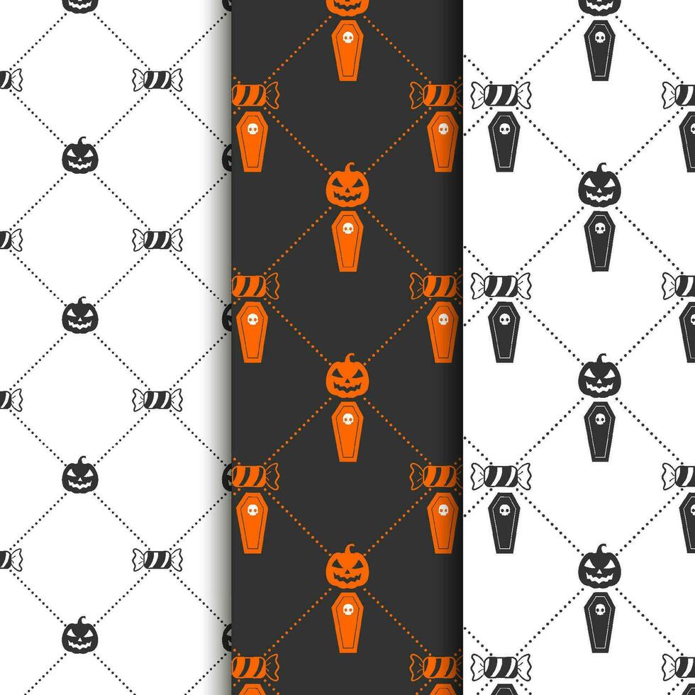 Halloween Muster Sammlung mit Halloween Süßigkeiten Schädel und Hexe Hut vektor