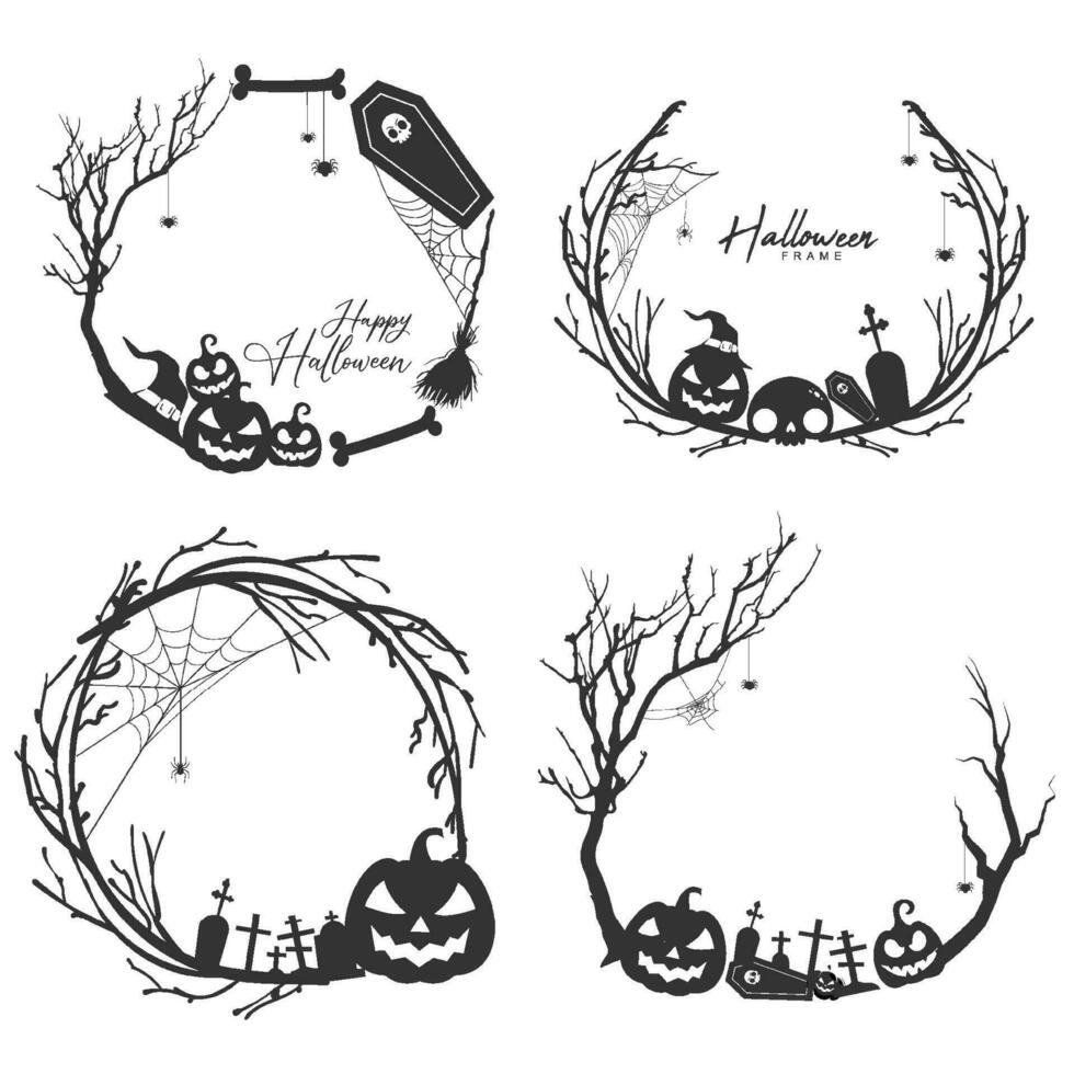 halloween svart och vit cirkulär ram begrepp med träd grenar och häxa hatt vektor