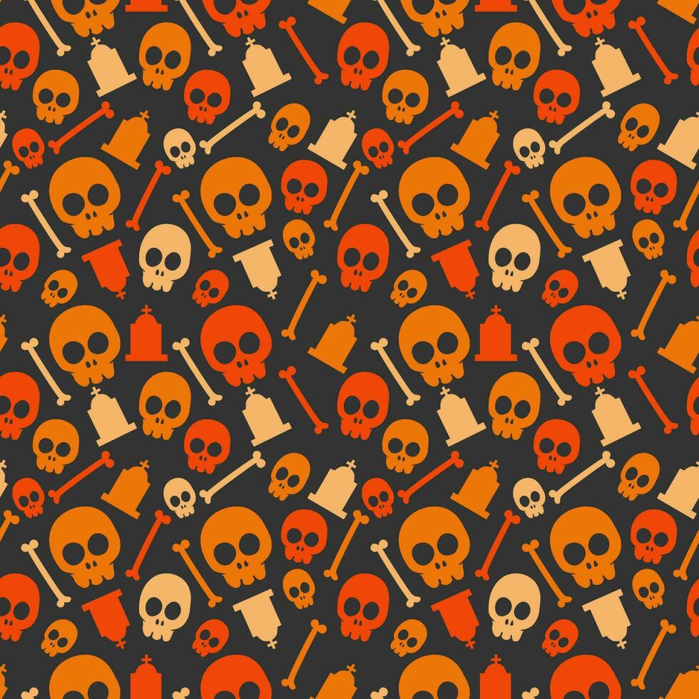halloween mönster med halloween skalle gravsten och ben i annorlunda färger på mörk bakgrund vektor