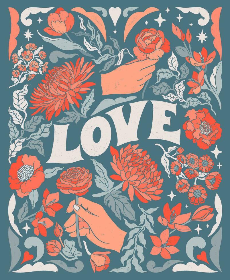 Liebe Beschriftung Poster. Nein Krieg unterzeichnen. Blumen- und Blume Zier Dekorationen. Hand gezeichnet Vektor Illustration. organisch Zeichnungen Textur. Jahrgang Stil.