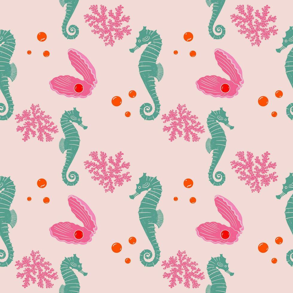hand dragen hav häst silhuett, koraller och skaldjur med pärla sömlös mönster. texturerad linoleum skära stil sommar illustrationer bakgrund. lekfull söt rosa och grön elegant tapet. vektor