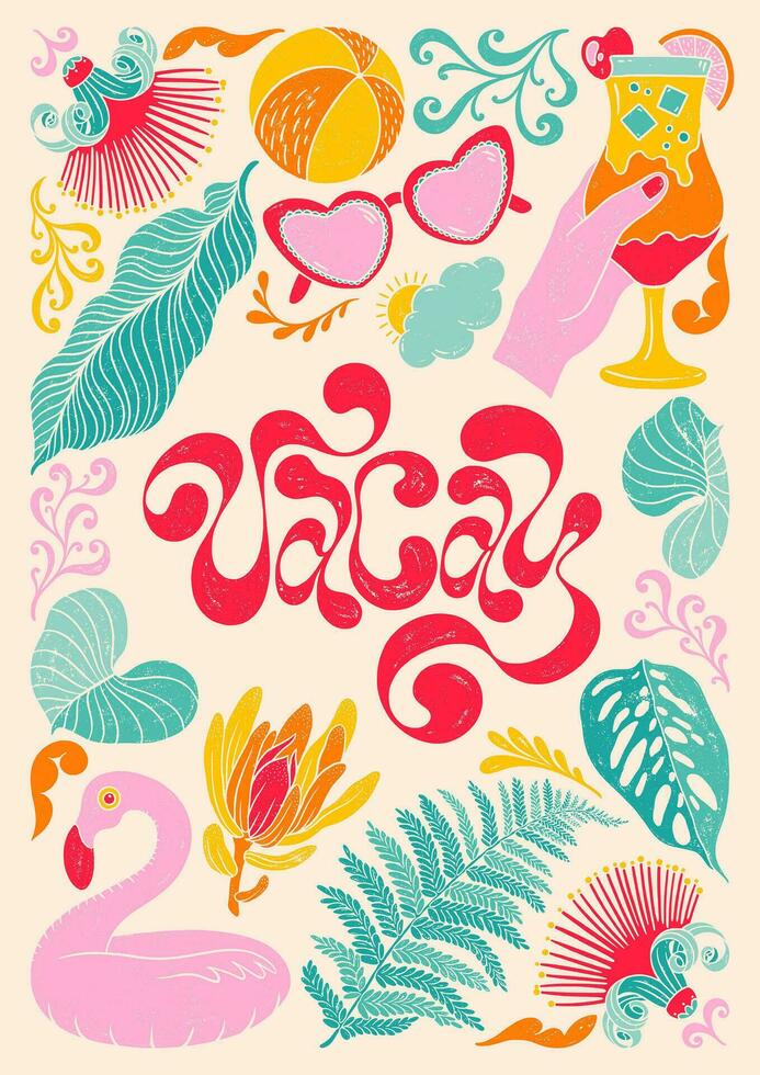 vacay - trendig flytande hand skriven text Citat. färgrik dekorativ element, solglasögon, boll, cocktail, flamingo sudd ringa, ormbunke, monstera, tropisk växter och blommor. vektor