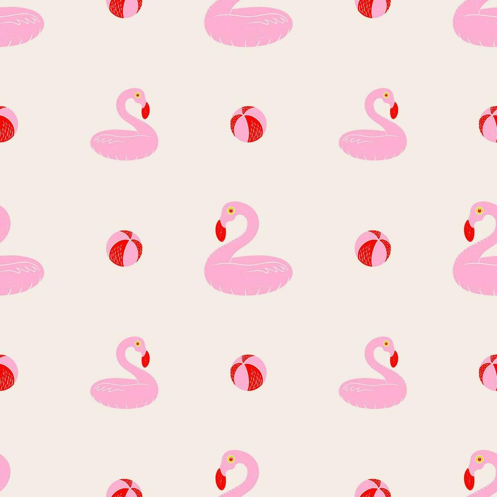 rosa flamingo uppblåsbar ringa och bollar sömlös mönster. hand dragen texturerad linoleum skära stil sommar illustrationer bakgrund. vektor