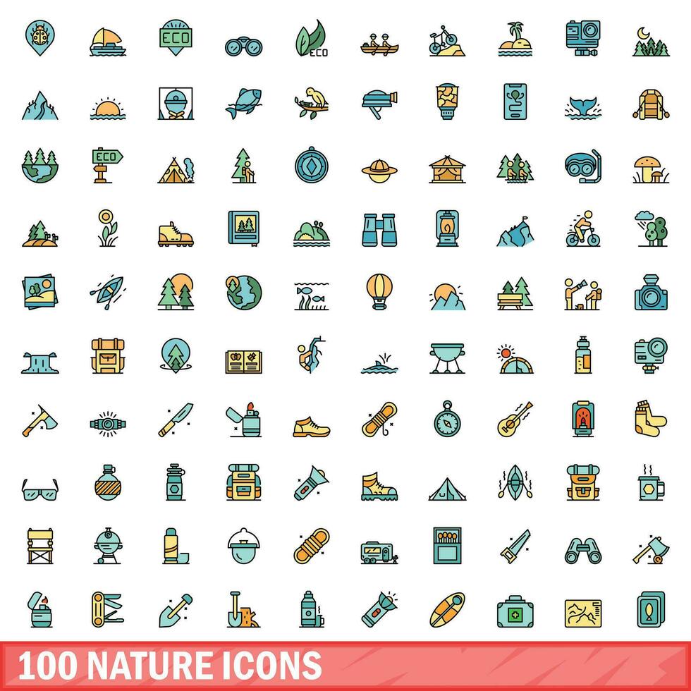 100 natur ikoner uppsättning, Färg linje stil vektor