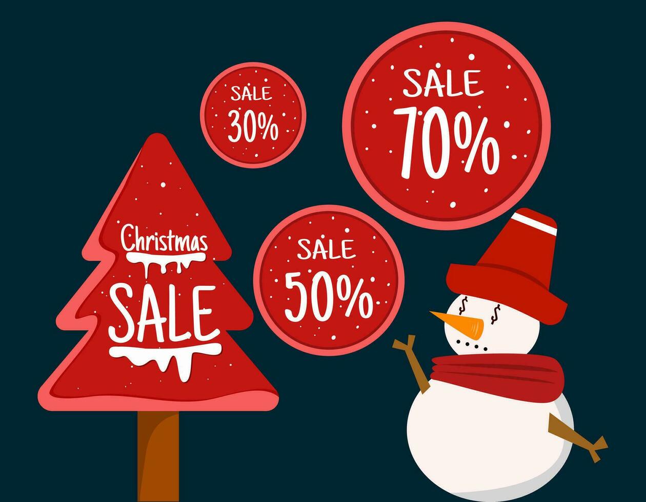 röd försäljning märka vektor, dekorerad med röd jul träd och jul försäljning text, Utsmyckad med söt snögubbe, vektor illustration.