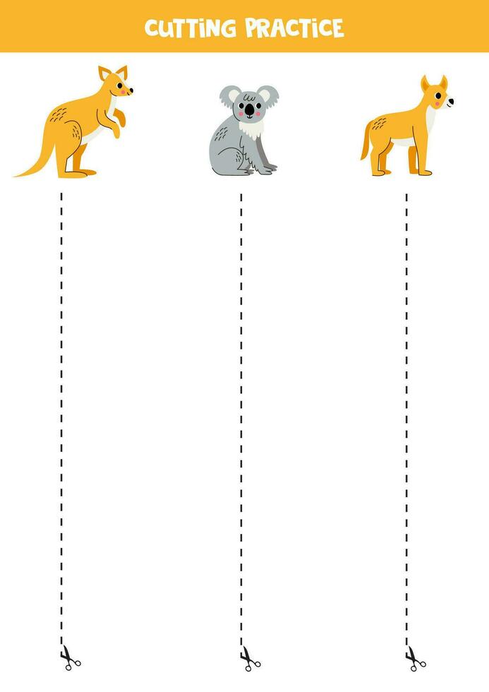 Schneiden trainieren zum Kinder mit süß australisch Tiere. vektor