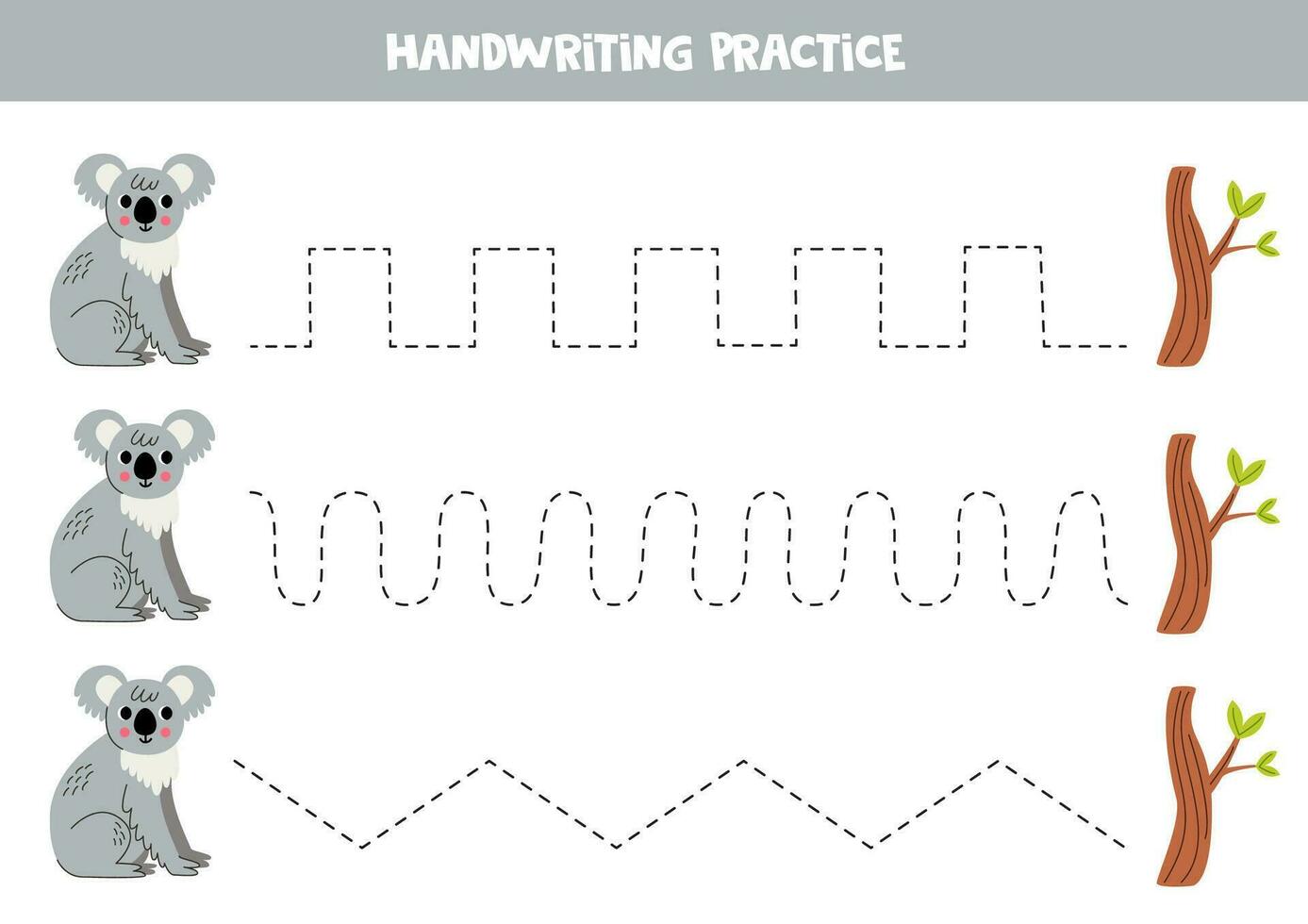 spårande rader för ungar. söt koala och eukalyptus. handstil öva för barn. vektor