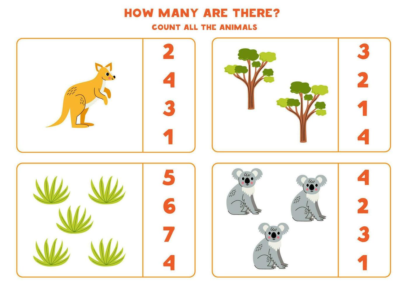 Anzahl alle australisch Tiere und Kreis das richtig Antworten. vektor