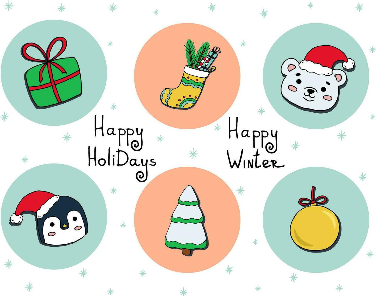 Neu Jahre Satz. ein tragen, ein Pinguin, ein Weihnachten Baum, ein Ball Dekoration, ein Strumpf mit Geschenke und mit ein Gruß Text vektor