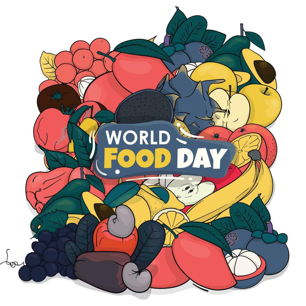 Welt Essen Tag Vorlage Design mit Früchte im Gekritzel Kunst Vektor Illustration