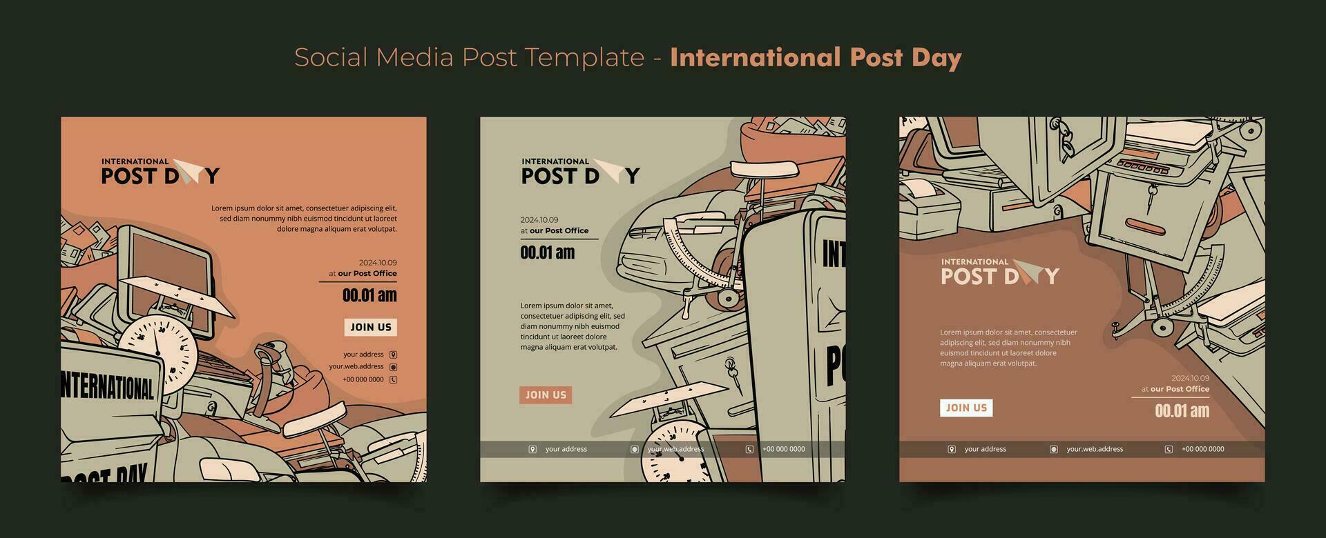 Sozial Medien Post Vorlage zum International Post Tag mit Post- Gekritzel Kunst Hintergrund Design vektor