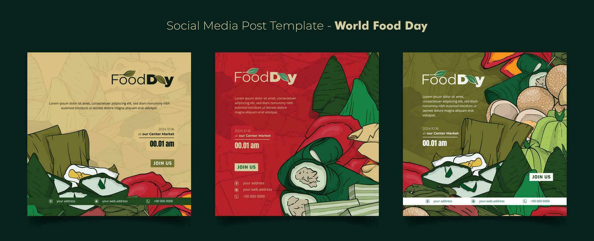 uppsättning av social media posta mall med traditionell mat bakgrund i hand dragen design för mat dag vektor