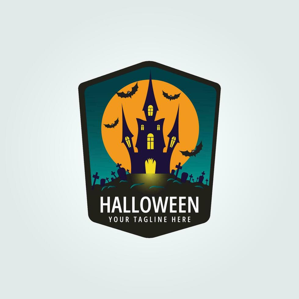 halloween logotyp ikon design inspiration med fladdermus, slott och måne vektor illustration